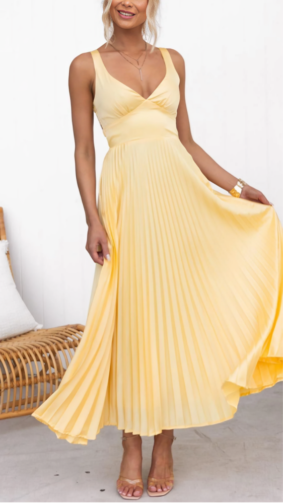 Aby – Elegante Vestido Largo Plisado con Escote en V