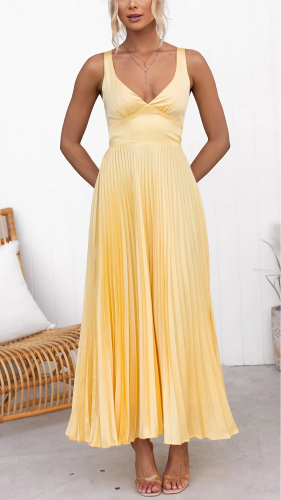 Aby – Elegante Vestido Largo Plisado con Escote en V