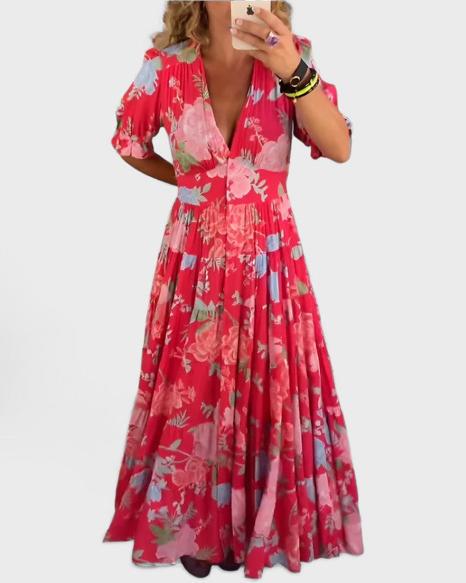 Albergaria™ – Vestido con cuello en V estampado floral y bolsillos