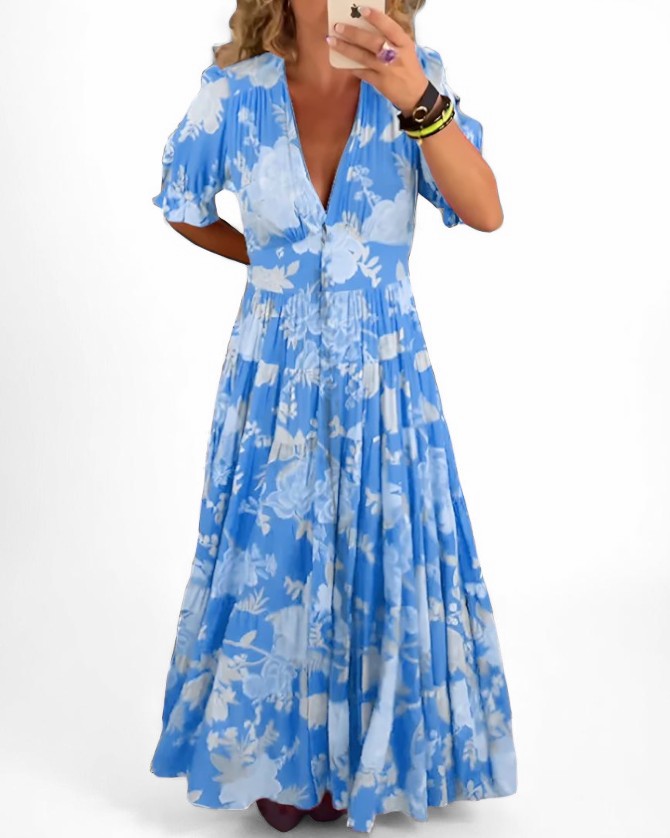 Albergaria™ – Vestido con cuello en V estampado floral y bolsillos